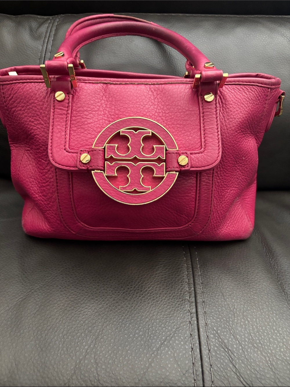 Tory Burch Fuchsia Pebble Leather Small Satchel with Gold Logo